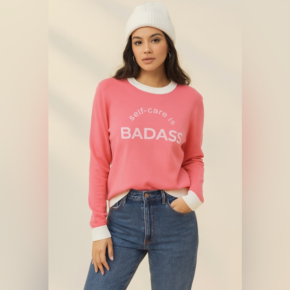 NWOT | Own Your Stigma Self-Care is Badass Ring Neck Sweater | Pink/White | S